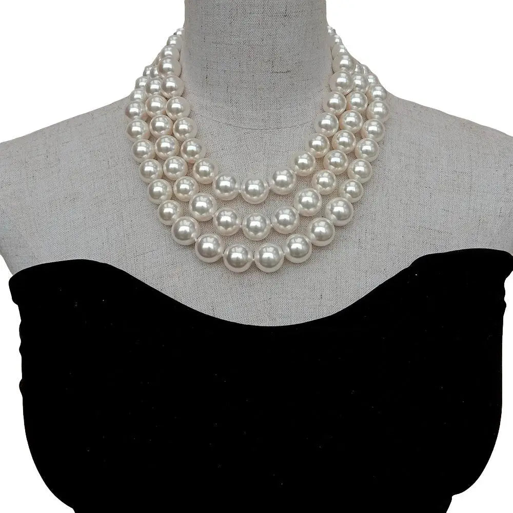 3 Rows White Sea Shell Pearl Graduated Necklace