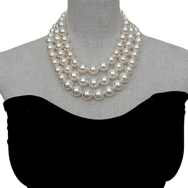3 Rows White Sea Shell Pearl Graduated Necklace