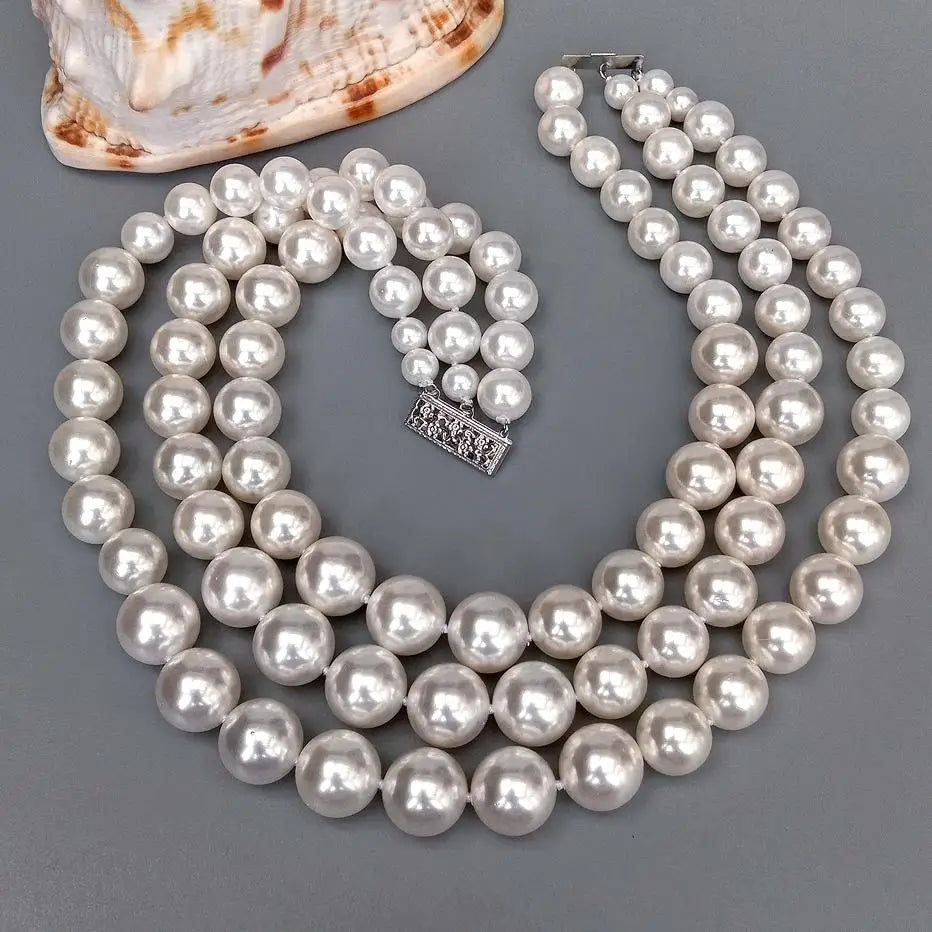 3 Rows White Sea Shell Pearl Graduated Necklace