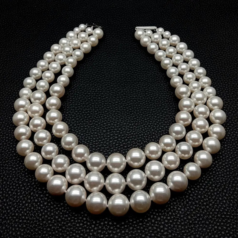 3 Rows White Sea Shell Pearl Graduated Necklace