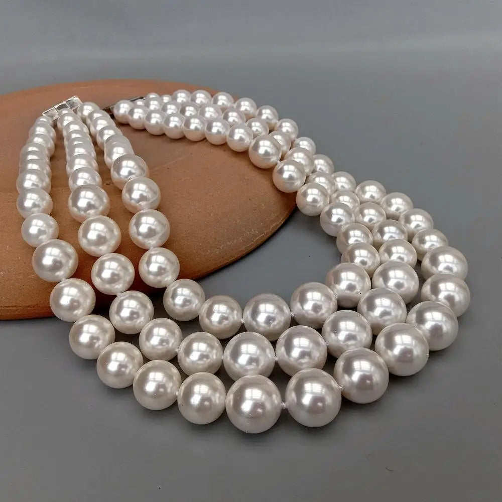 3 Rows White Sea Shell Pearl Graduated Necklace