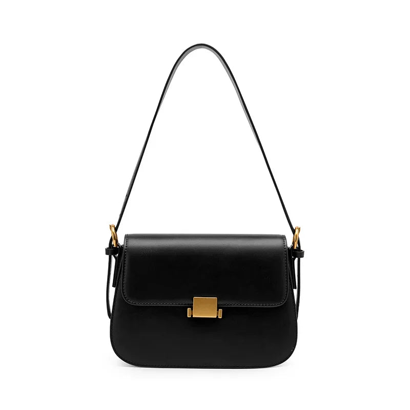 Elegant Leather Shoulder Bag - Gold Clasp