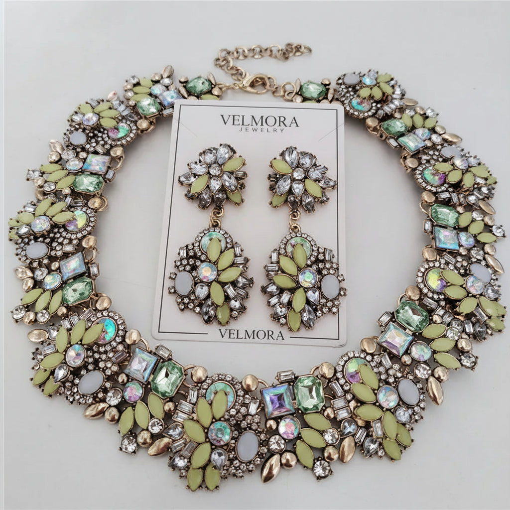 Jewelry set with necklace and earrings on a gray background