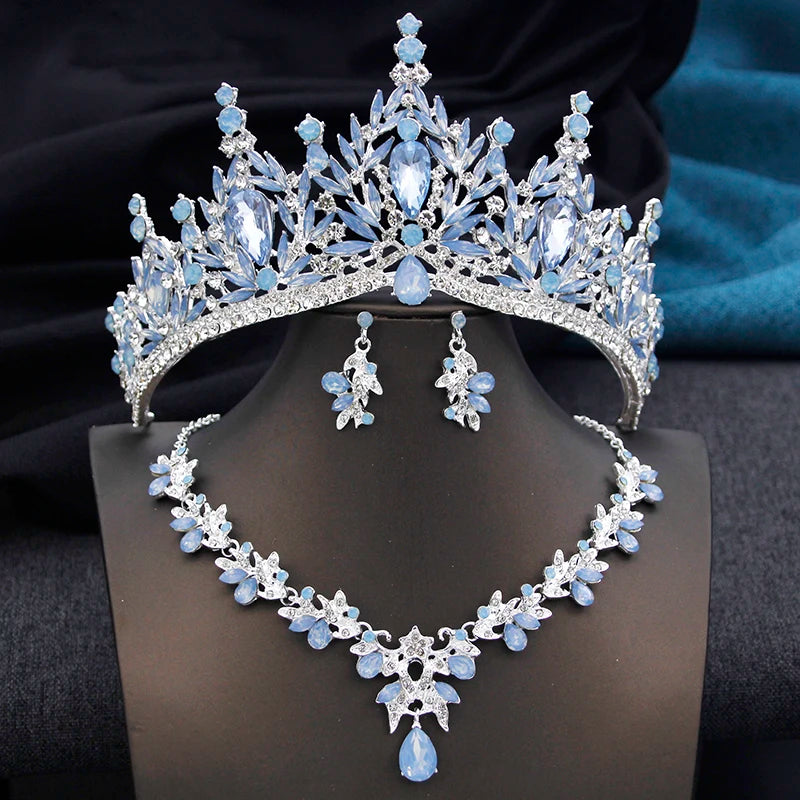 Luxury Sapphire Jewerly Set Royal Tiara, Necklace & Earrings - Bridal Crow