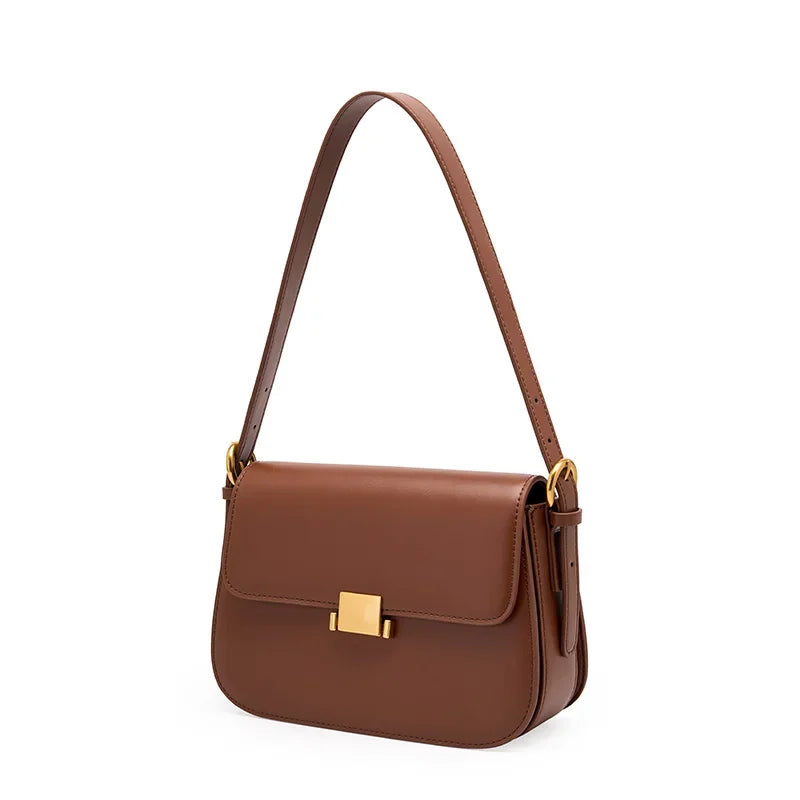 Elegant Leather Shoulder Bag - Gold Clasp