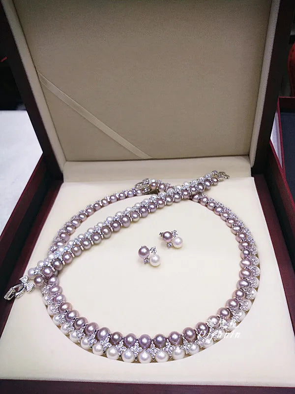 Double Strands South Sea White Pink Lavender Necklace Bracelets Sets