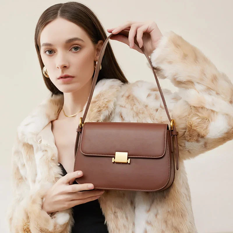 Elegant Leather Shoulder Bag - Gold Clasp