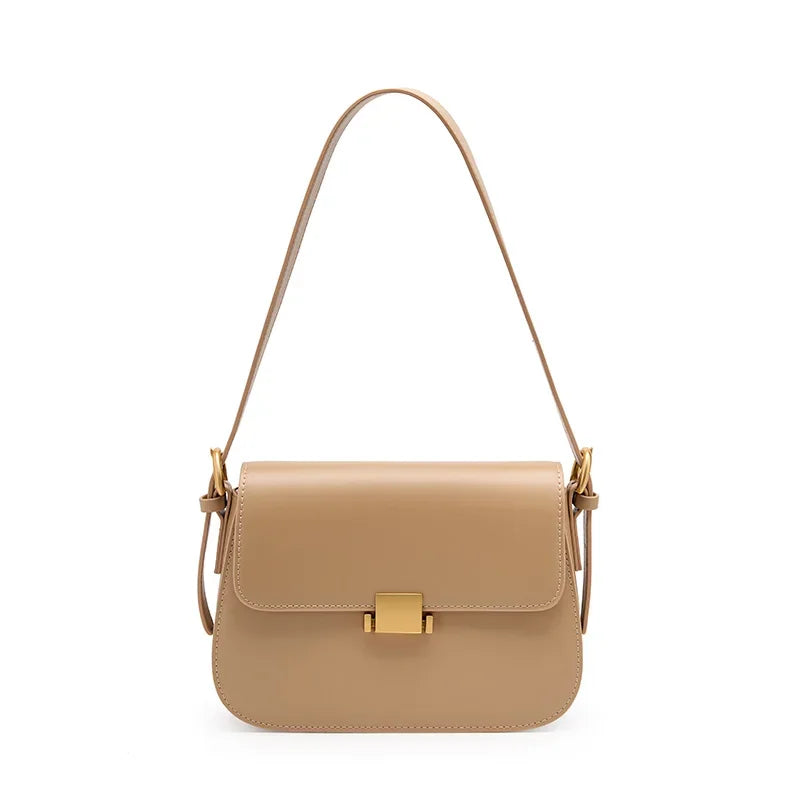 Elegant Leather Shoulder Bag - Gold Clasp