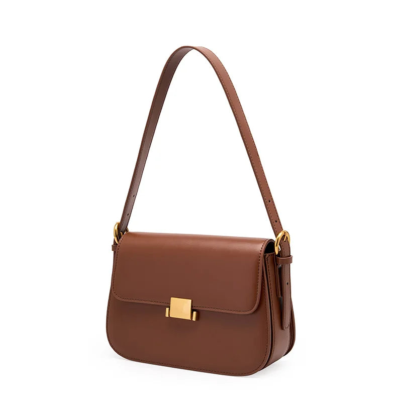 Elegant Leather Shoulder Bag - Gold Clasp