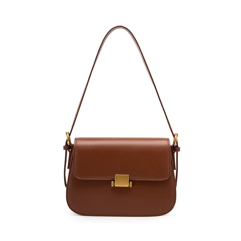Elegant Leather Shoulder Bag - Gold Clasp