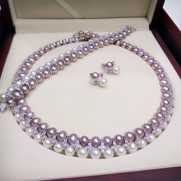 Double Strands South Sea White Pink Lavender Necklace Bracelets Sets