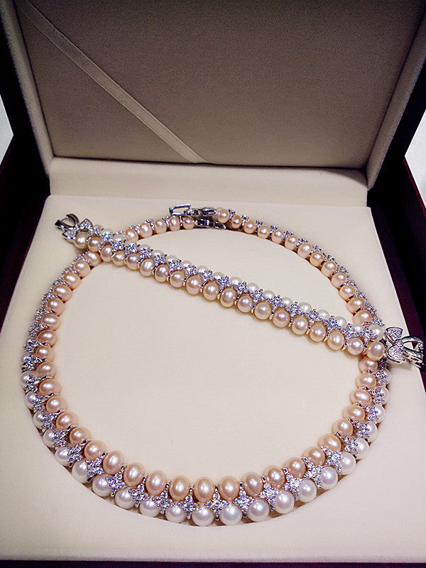 Double Strands South Sea White Pink Lavender Necklace Bracelets Sets