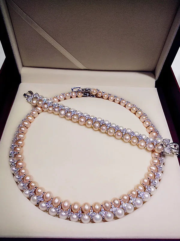 Double Strands South Sea White Pink Lavender Necklace Bracelets Sets