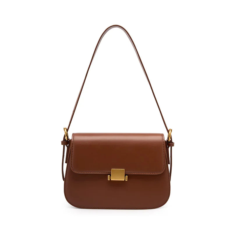 Elegant Leather Shoulder Bag - Gold Clasp