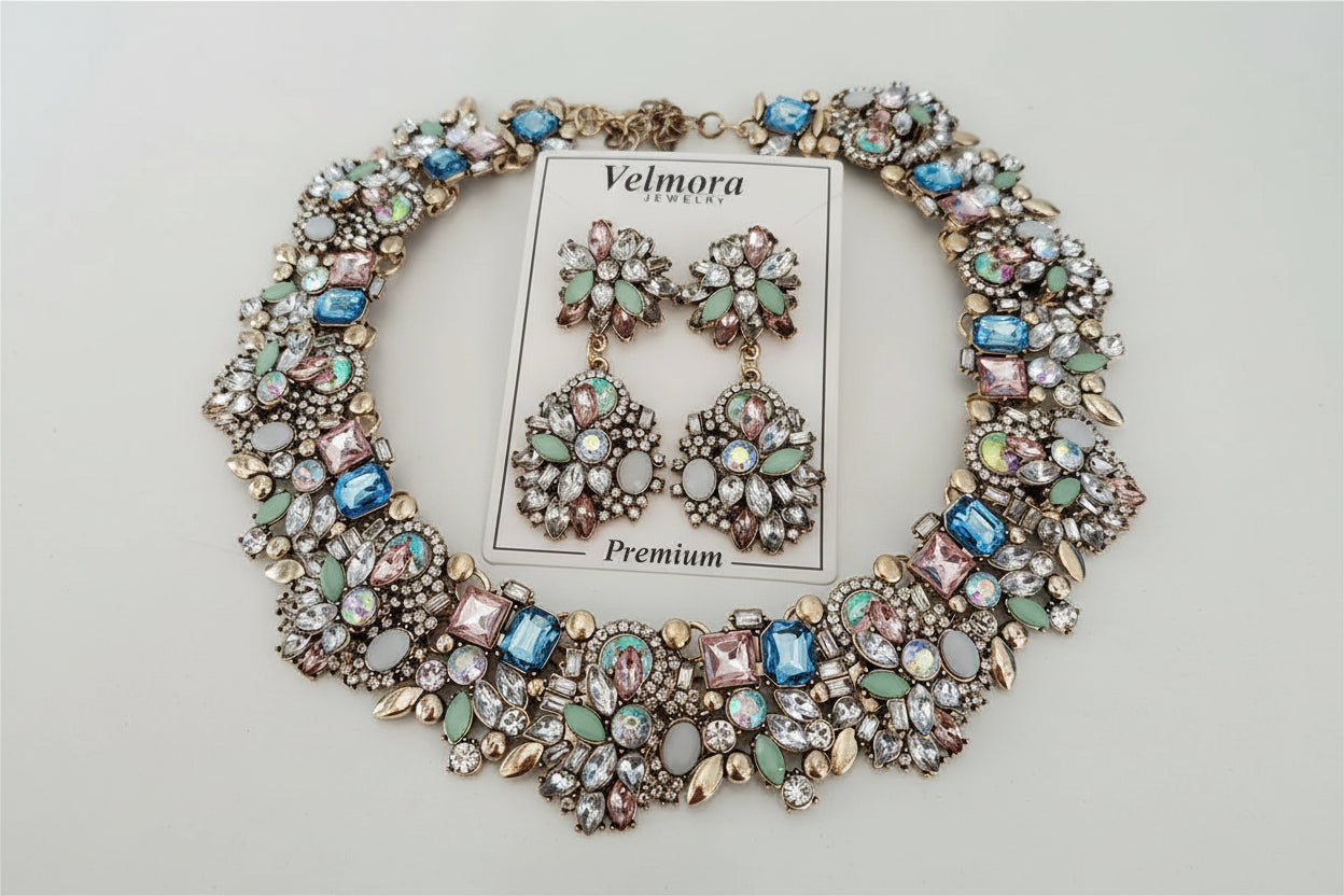 Jewelry set with necklace and earrings on a card labeled 'Fashion Jewelry'.