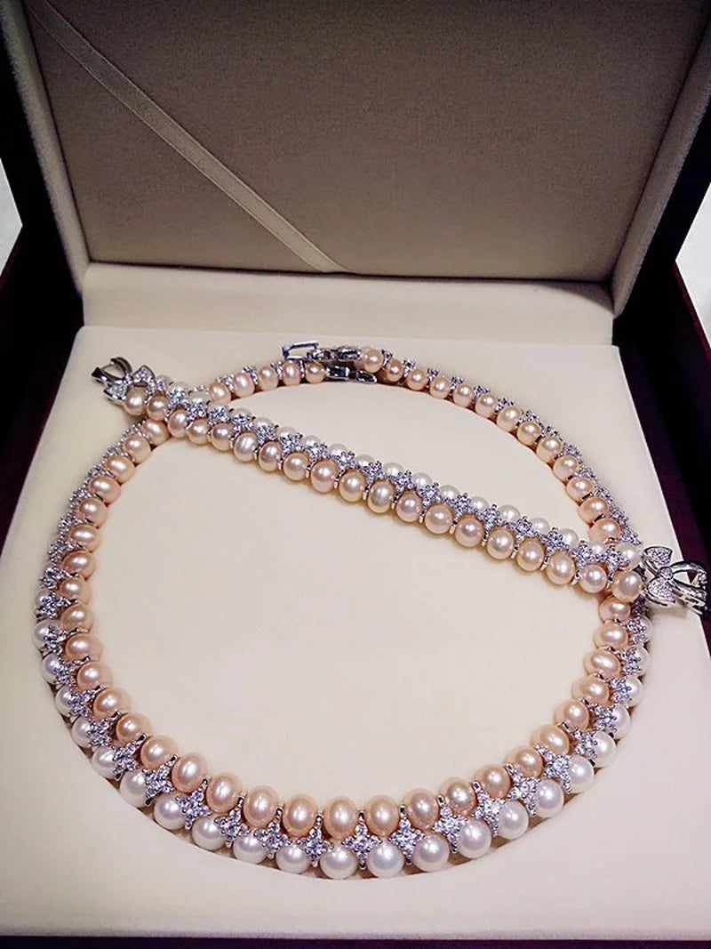 Double Strands South Sea White Pink Lavender Necklace Bracelets Sets