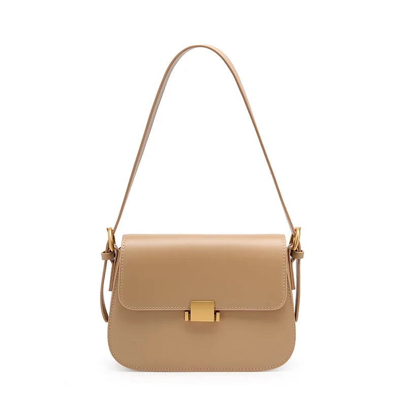 Elegant Leather Shoulder Bag - Gold Clasp