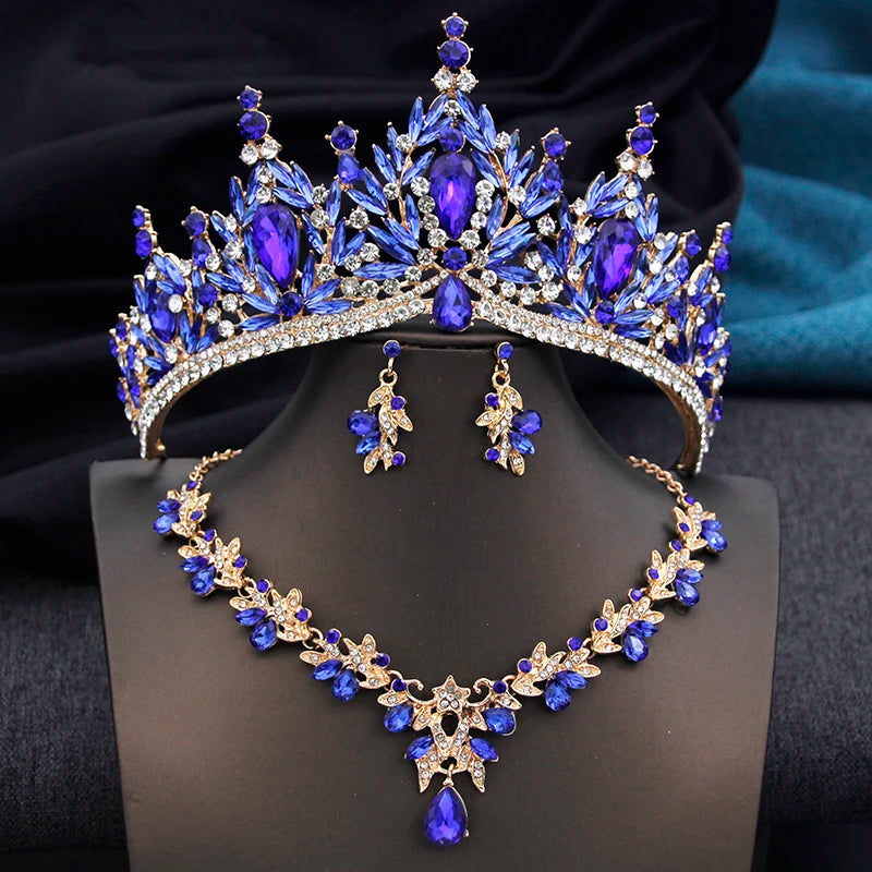 Luxury Sapphire Jewerly Set Royal Tiara, Necklace & Earrings - Bridal Crow