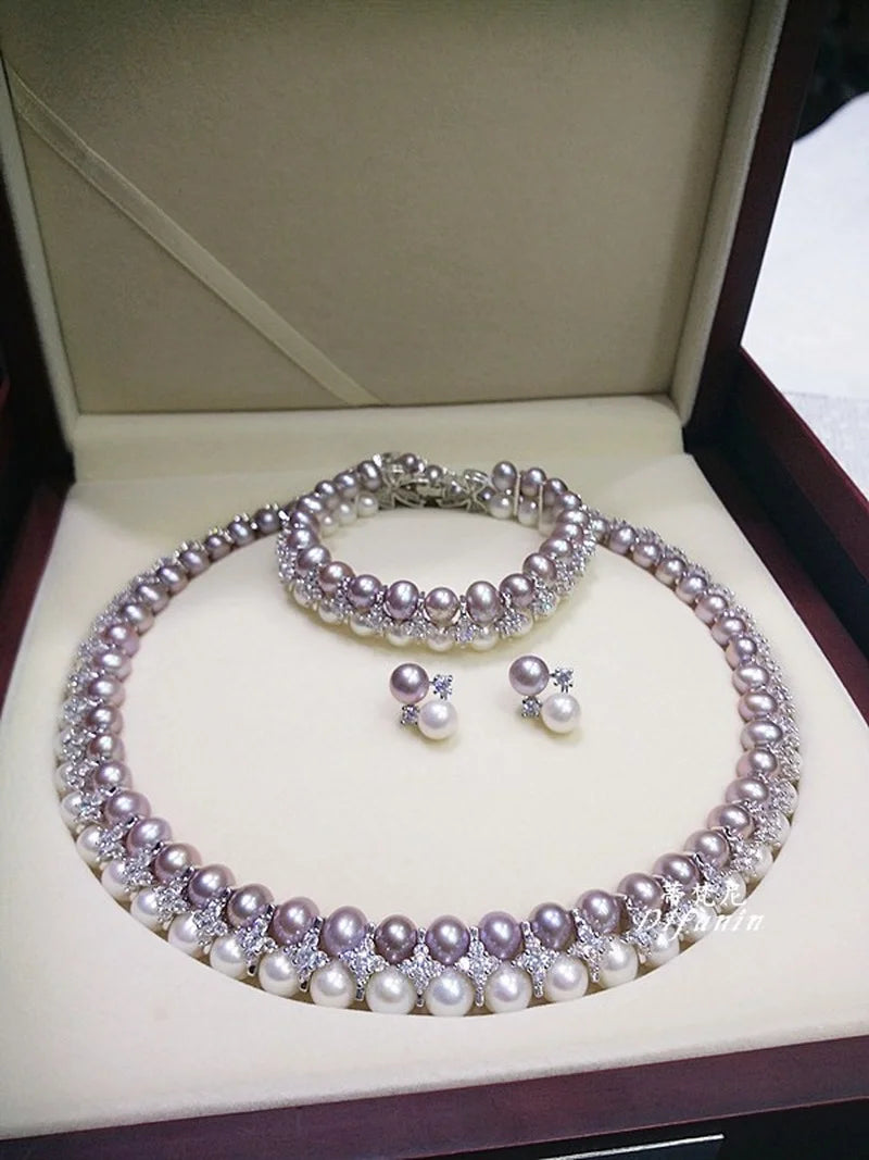 Double Strands South Sea White Pink Lavender Necklace Bracelets Sets
