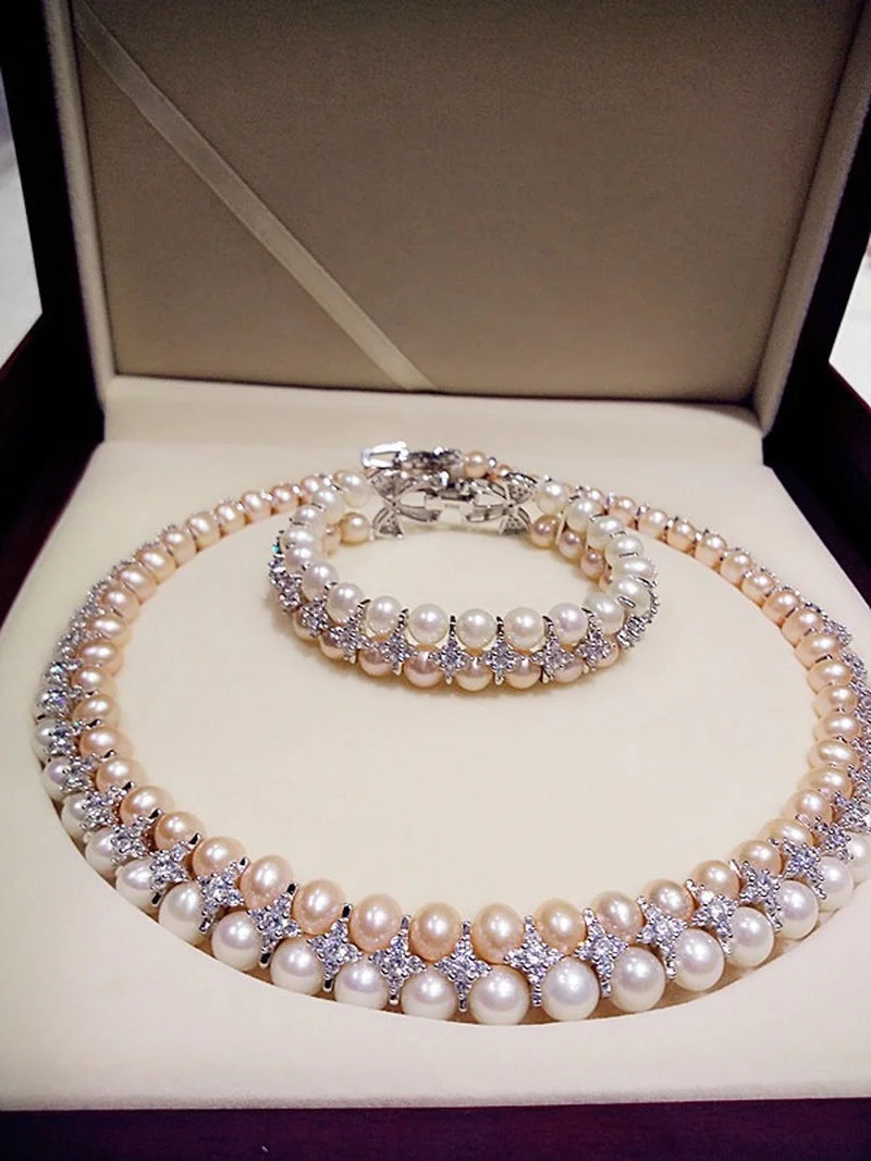 Double Strands South Sea White Pink Lavender Necklace Bracelets Sets